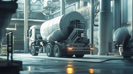 AI-driven cement mixing trucks optimizing material composition in real-time, futuristic industrial process