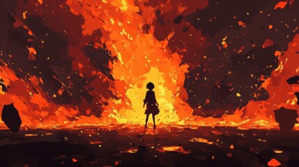 Obraz premium Girl Facing Fiery Inferno Digital Art Abstract Fire Silhouette