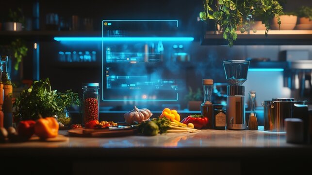 AI-driven food recognition app scanning ingredients for instant recipe suggestions, futuristic cooking assistant