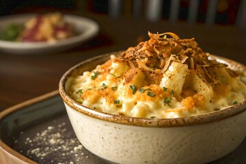 Delicious creamy macaroni and cheese with crispy fried onions.