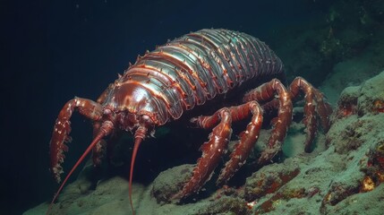 A large marine isopod rests on the ocean floor surface