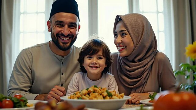 Family portrait joyfully looking at the camera together in the dining room during iftar in the holy month of Ramadan : Generative AI