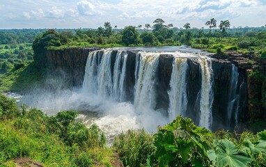 Fototapeta premium Waterfalls cascade powerfully down rocky cliffs surrounded by lush green foliage in a vibrant landscape