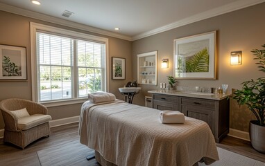 Fototapeta premium Tranquil spa room with massage table and natural light in a relaxing environment during the day