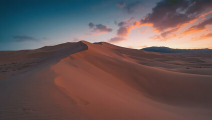Naklejka premium Golden sand dunes glow under a vibrant sunset, casting dramatic shadows