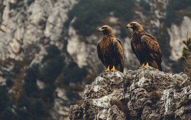 Fototapeta premium Majestic golden eagles perched on rocky cliffs in a mountainous landscape during a calm afternoon