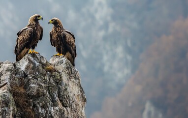Fototapeta premium Two golden eagles perched on rocks overlooking a misty mountain landscape during early morning light