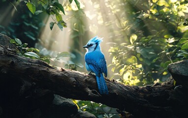 Naklejka premium Vibrant blue jay perched on a branch with sun rays filtering through the lush forest canopy