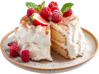 Berry Cake With Raspberries, Strawberry And Mint, With Whipped Cream Frosting On A Black Background