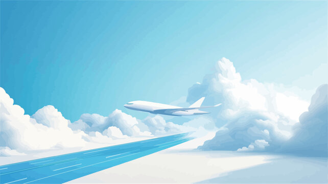 The image is a digitally rendered illustration showing a white airplane flying above a stylized landscape. The airplane is positioned centrally, slightly angled to the right.?Below, a stylized
