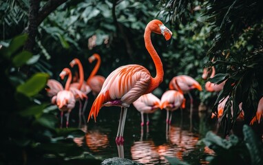 Flamingos stand gracefully in lush greenery near a tranquil water body during a sunny afternoon in a tropical habitat