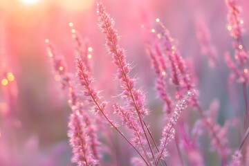 Obraz premium Pink Grass Meadow at Sunrise Dewdrops on Soft Pink Flowers Dreamy Pastel Nature Scene