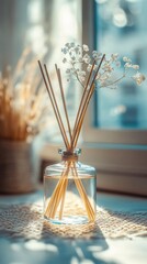 Serene Home Fragrance Diffuser with Delicate White Flowers and Soft Sunlight Creating a Peaceful and Relaxing Atmosphere for Indoor Living and Wellness