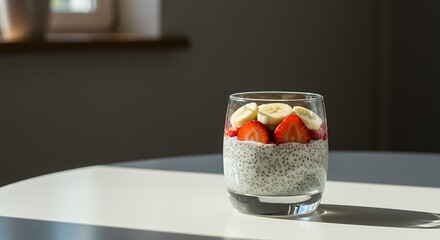 Delicious Chia Seed Pudding with Strawberries and Banana Slices, Healthy Breakfast Recipe, Creamy Texture, Sunny Morning Light