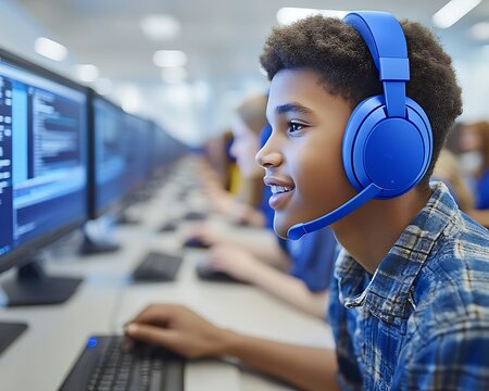 Boy coding, classroom computer lab