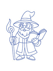 Wizard Casting a Spell in a Magical Library – Fantasy Adult Coloring Page on White Background
