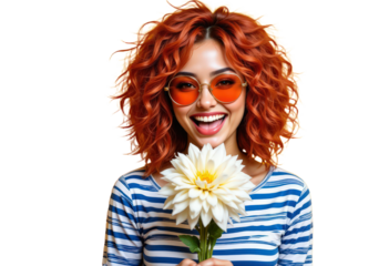 Smiling woman with red curly hair, orange glasses, and a white flower, transparent background