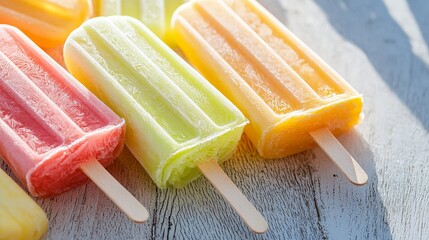 Embracing Summer Vibes: Warmth Positivity and Sunshine Energy, Colorful fruit popsicles are arranged on a rustic wooden surface, showcasing refreshing summer treats.