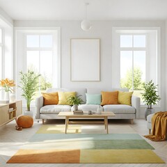 Fototapeta premium minimalist living room bathed in natural light from a large window. Frame mockup, Living room wall poster mockup. Interior mockup with house background. Modern interior design. 