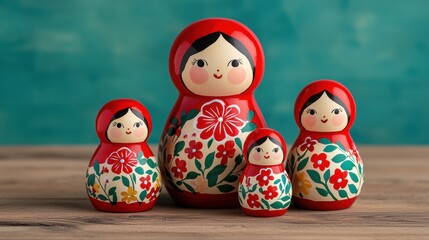 Fototapeta premium A set of colorful Russian nesting dolls, known as Matryoshka, featuring floral designs and smiling faces, arranged on a wooden surface.
