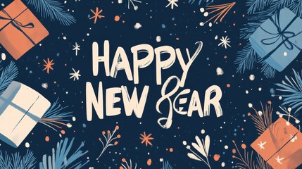 Naklejka premium Happy New Year Festive Illustration Gifts Fir Branches Snowflakes