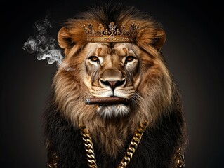 Fototapeta premium Majestic lion portrait royal setting animal photography dark background close-up power and majesty