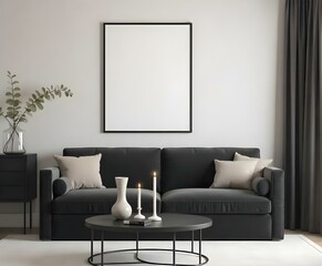 A black velvet sofa with black pillows, a black frame on the wall, a black coffee table with books and candles in a living room