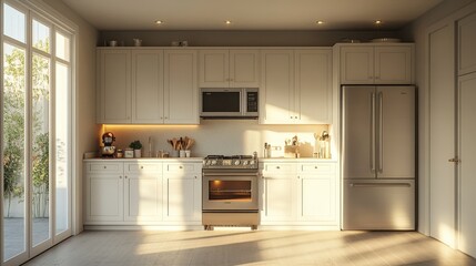 Fototapeta premium Brightly lit white kitchen featuring pristine white cabinets, a sleek stainless steel fridge, and warm light-wood flooring. Natural light floods in through large windows, illuminating the elegant simp