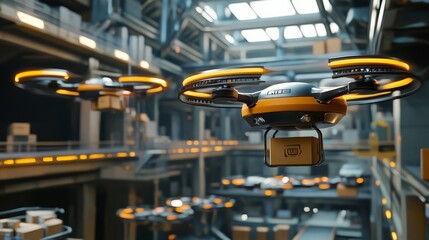 Fototapeta premium AI-driven supply chain management system with autonomous drones delivering packages, futuristic logistics