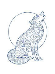 Wolf Howling at a Full Moon with Intricate Designs – Spirit Animal Adult Coloring Page on White Background