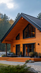 Modern Cabin Home: An inviting modern cabin home with a warm wooden facade nestled in a lush forest, showcasing contemporary design and a serene natural setting.