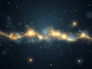 Golden particles flow on a dark blue space backdrop