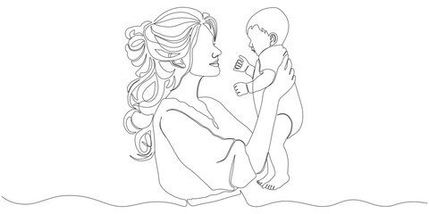 One-Line Drawing of a Mother Holding and Smiling at Her Baby