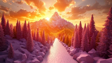 Serene winter mountain vista with golden sunrise light filtering through towering pines and pristine snow creating a picturesque landscape