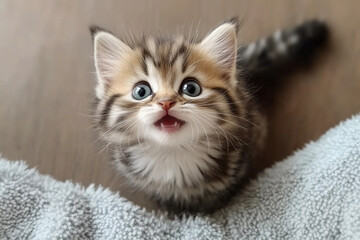 Cute tiny kitten meowing at the camera with big bright eyes, adorable expression, and fluffy fur, capturing a heartwarming and playful moment in a cozy setting