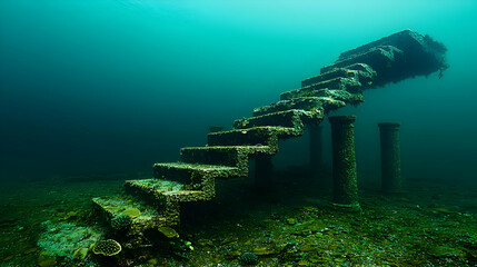 Submerged Staircase Structure Descending Underwater with Illuminated Steps and Columnar Supports