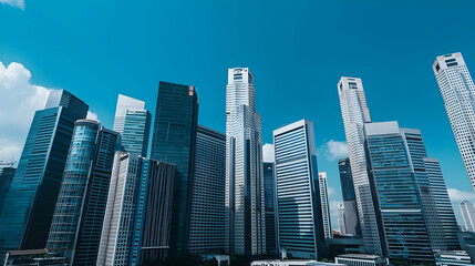 Obraz premium Modern City Skyline Of Tall Buildings Against A Clear Blue Sky