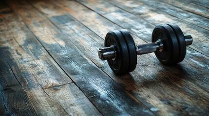 A single dumbbell rests upon a weathered wooden surface