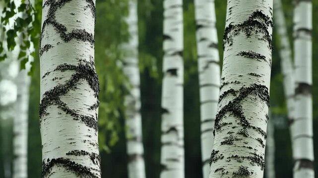 Tall birch trees with striking white bark and green foliage create a serene forest atmosphere on a calm day