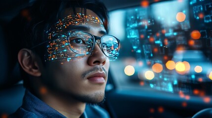 Asian man wearing glasses driving car with augmented reality interface reflecting in lenses showing data visualization in futuristic vehicle.