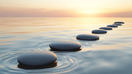 A serene and peaceful scene depicting a row of smooth, round stones placed in the water at sunrise or sunset. The stones create ripples on their surfaces as they gently float across the calm surface 