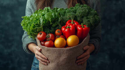 Fototapeta premium Harvest Bounty: Person holds a reusable bag overflowing with a vibrant assortment of fresh, colorful produce including tomatoes, bell peppers, lemons and leafy greens.