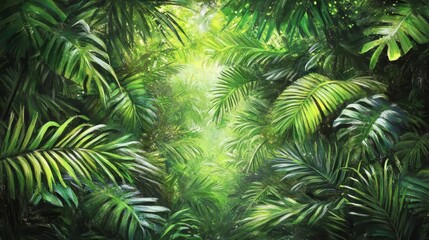 Lush green canopy radiates a sense of serenity in an enchanted jungle with vibrant plant life and dappled sunlight illuminating the serene space