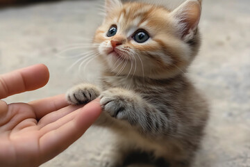 Tiny Cute Kitten Playing with Human, Fun and Playful Moment, Adorable Cat Interaction with People in Home Setting, Happy Pets and Humans Bonding Together