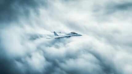 A powerful fighter jet flying through dense cloudy atmosphere