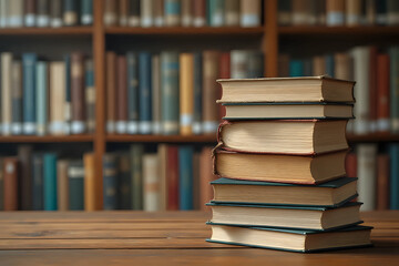 stack of books against the background of library, stack of books in front of library, books on wooden table, education