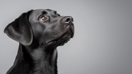 Black Labrador retriever looking thoughtfully with a calm expression in a neutral setting