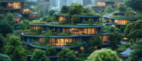 Fototapeta premium Eco-Friendly Architecture: Sustainable living is embodied in this captivating shot featuring modern, circular buildings seamlessly integrated into a lush green landscape.