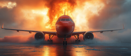 Crash and Burn: A dramatic depiction of a passenger plane engulfed in flames after a disaster. Witness the intensity of the incident, the power of the catastrophe, and the somber implications