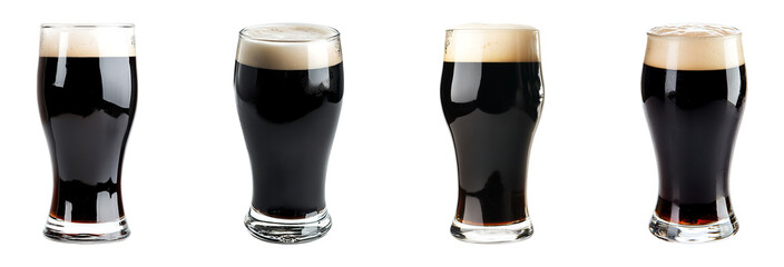 Set of pint of Guinness-style dark beer in a glass isolated on transparent background, in PNG format, cut out